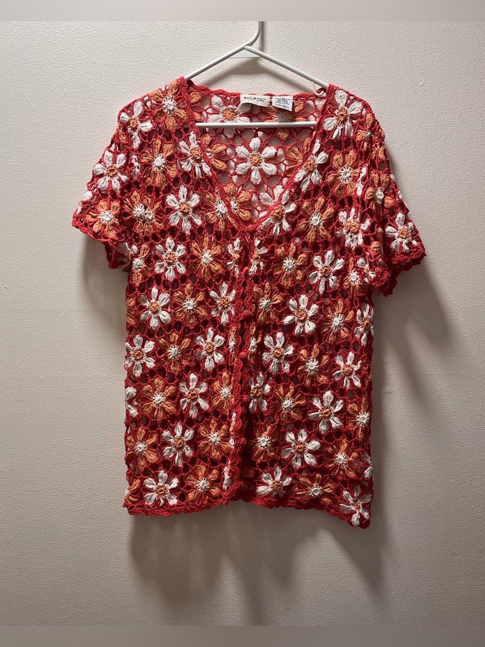 White Stag Floral Crochet Vintage Grandmacore Vest, XL (16-18), Coral & White